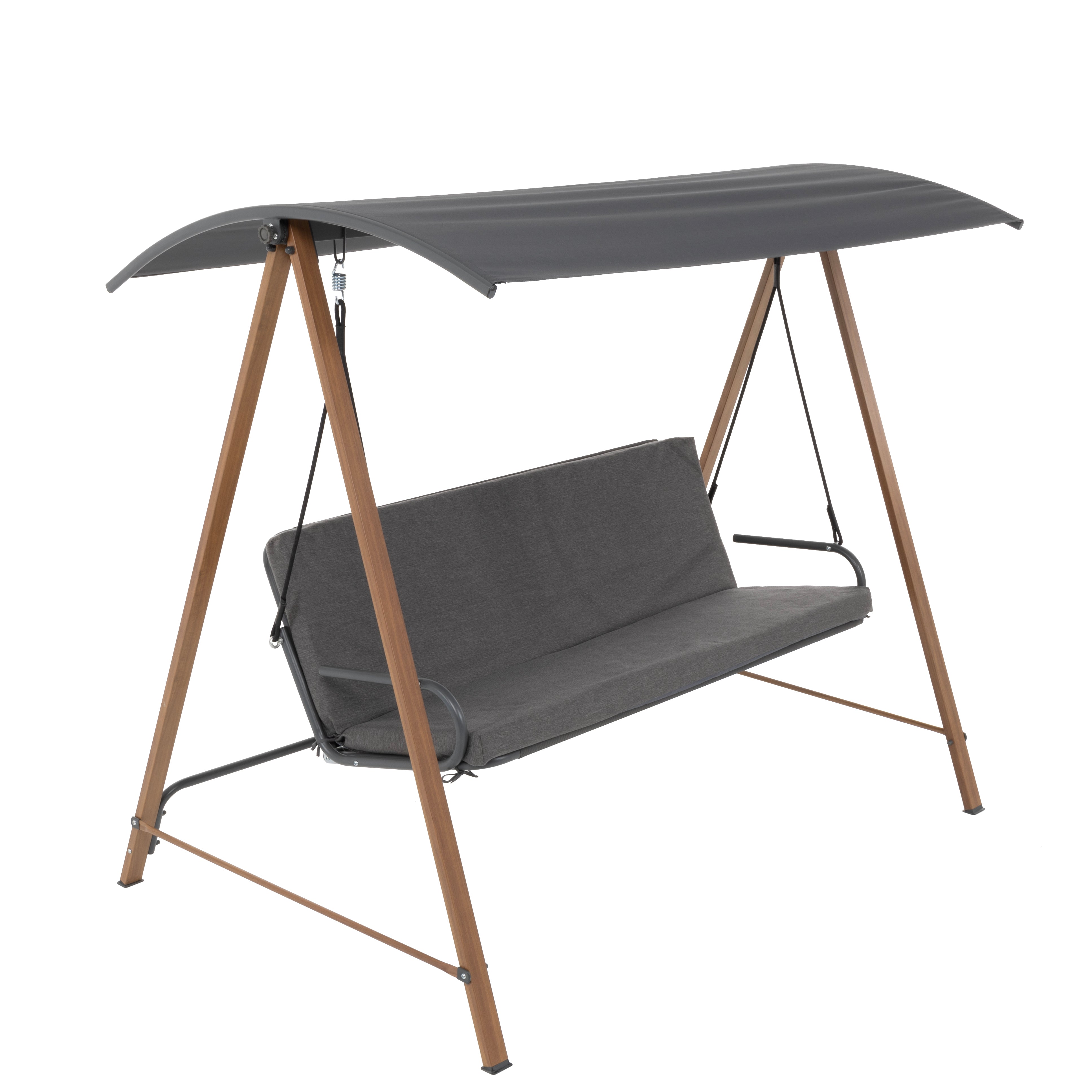 VESTIAMO CASA GIARDINO - Dondolo da giardino struttura in Acciaio Effetto Legno e seduta in textilene grigio - h170x190x128 cm